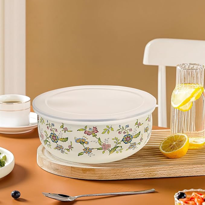 Cabilock 5pcs Enamel Bowls with Lids Mixing Bowls- Vintage Soup Bowl Storage Bowls Set Floral Design for Fruit Salad Pasta Dinner Kitchen