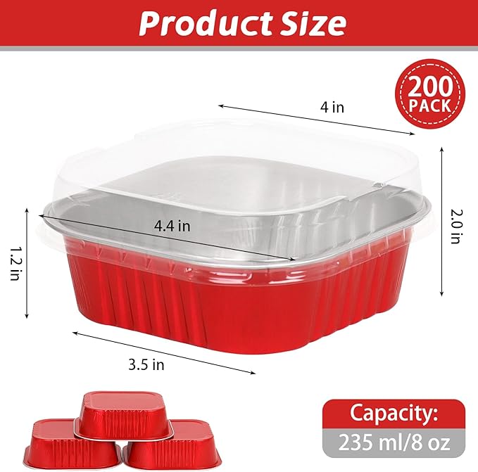 200 Pack 8 oz Red Square Mini Cake Pans with Lids, Aluminum Foil Square Brownie Baking Cups for Ramekins Muffin Cupcake Wedding Birthday Party