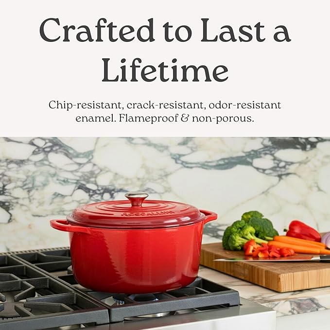 Signature Enameled Cast Iron Oval Dutch Oven | Non-Stick Serving Pot with Tight Fitting Lid for Perfect Roasting, Baking, Sauteing, and Bread Making | 5Q [Red]