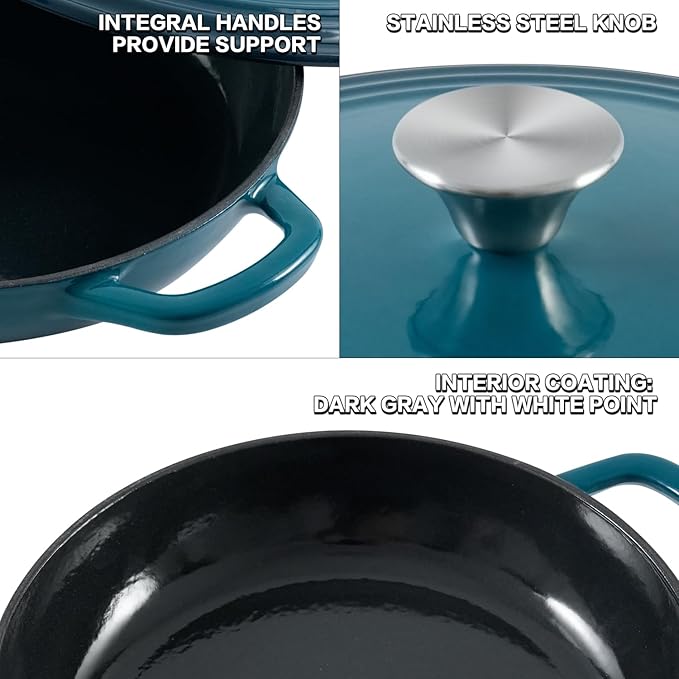 Braiser Enameled Cast Iron Braiser 2.25 qt Braiser Pan with Lid DarkCyan Shallow Cast Iron Casserole Braiser Pan with Handels