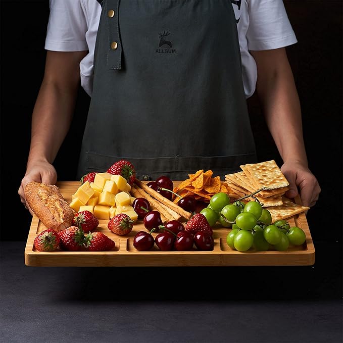 Large Bamboo Wood Cutting Board for Kitchen, Cheese Charcuterie Board with 3 Built-in Compartments and Juice Grooves, Butcher Block (17x12.6")