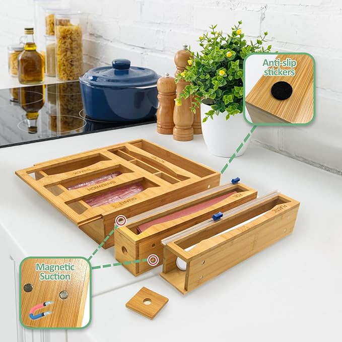 6-in-1 Magnetic Bamboo Drawer Organizer for Kitchen or Fridge, Adjustable Compartment Storage with Foil and Plastic Wrap Dispenser and Cutter – Fits Gallon, Quart, Sandwich, Snack Bags