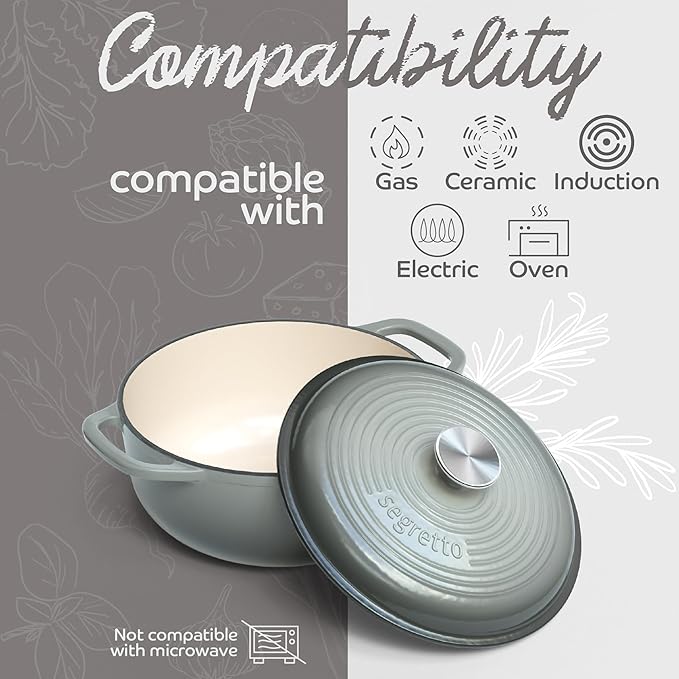 Segretto Cookware Enameled Cast Iron Dutch Oven Pot with Lid 4.57 Quarts, Grigio Scuro (Gradient Gray) Ceramic Dutch Oven Cast Iron Enameled Cookware with Handle Cooking Pot for Bread Baking, Cooking