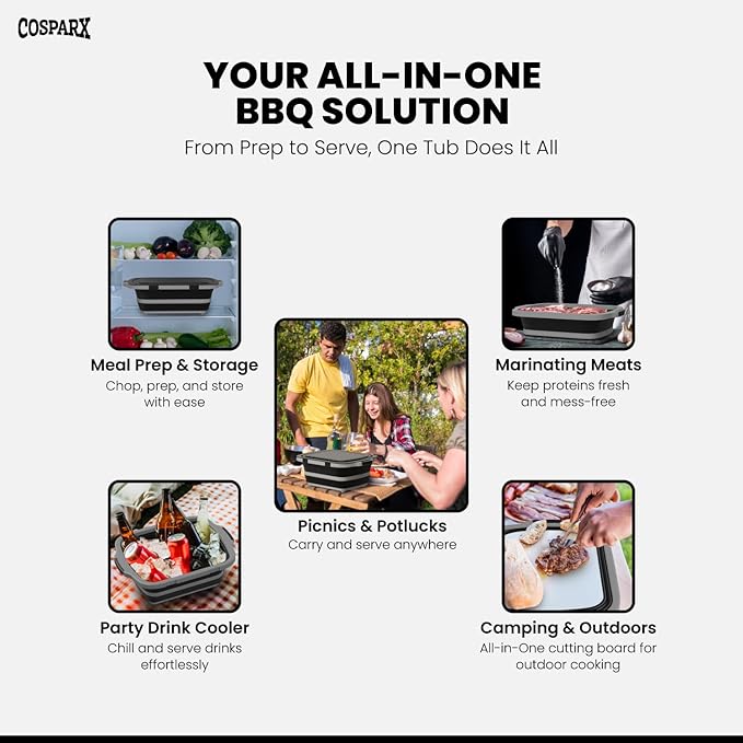 XL Collapsible BBQ Prep Tub with Cutting Board & Drain Plug – Portable Food Prep Station for Kitchen, Camping & Grill – Dishwasher Safe, Space-Saving Design – Bonus Heat-Resistant Glove Included