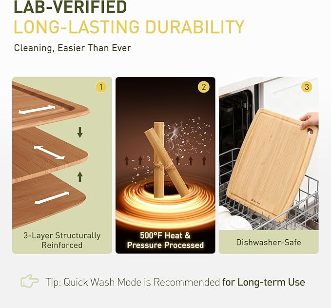 Lightweight Durable Bamboo Cutting Board with Non-Slip Feet, Reversible Wood Cutting Board with Juice Groove Easy to Store & Clean, Water-Resistant Ideal Kitchen Gift for Home Cooks