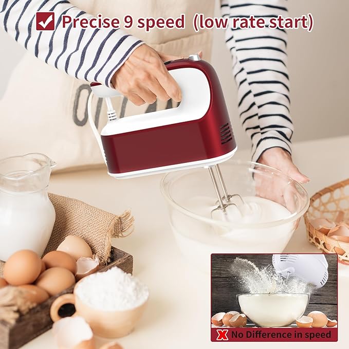 9-Speed Digital Hand Mixer Electric, 400W Powerful DC Motor, Hand Mixer Electric Handheld with Snap-On Storage Case, 5 Stainless Steel Accessories, Beaters, Dough Hooks, Whisk(Red/White)