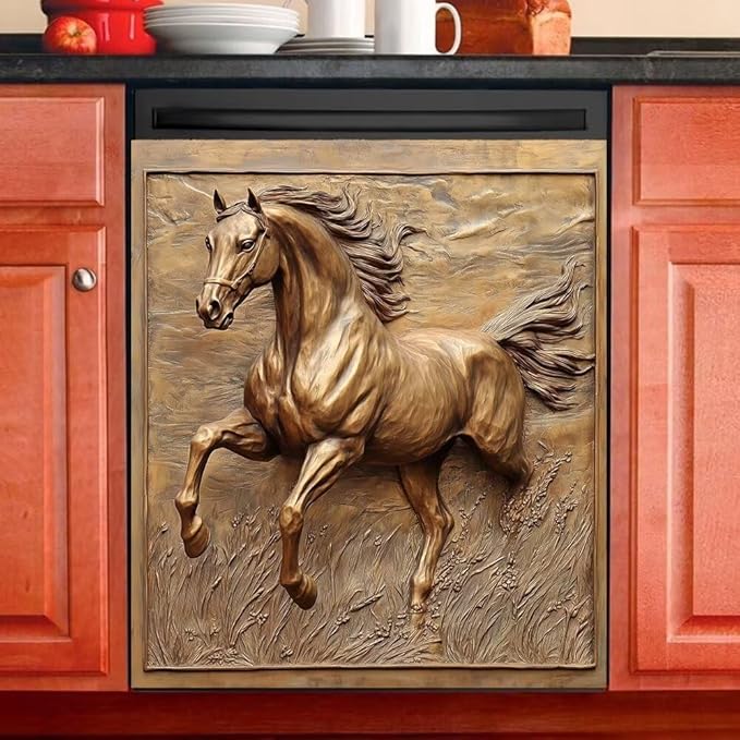 Dishwasher Magnet Cover, Bronze Gold Running Horse Refrigerator Magnetic Vinyl Sticker for Dishwasher Door, Metal Horse Decorative Kitchen Appliance Panel Decal, 23Wx26H Inches