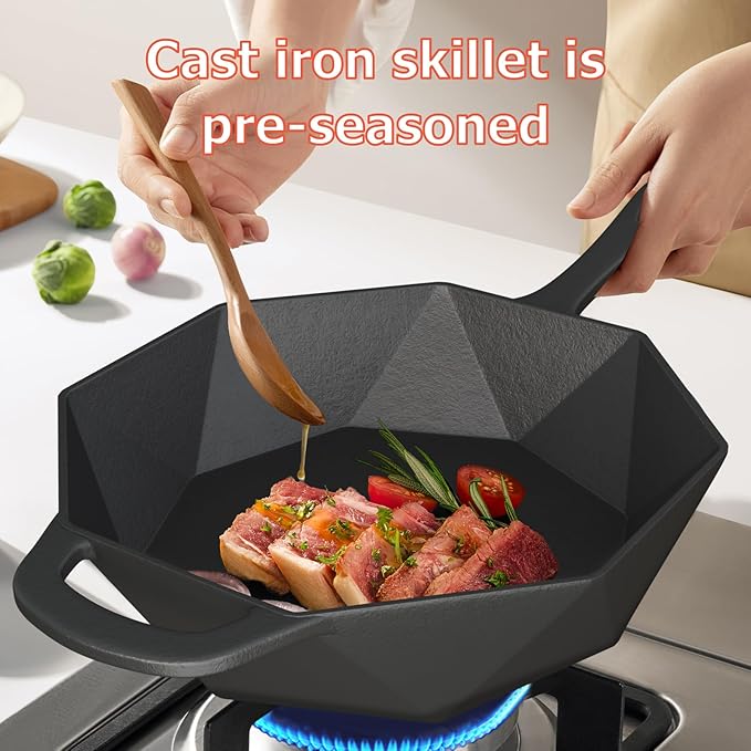 Cast Iron Skillet with Lid Pre-seasoned Cast Iron Pans, Smoker Box for Open Fire, Oven, Stovetop, Grill Safe Cookware Set +Scraper/Cleaner+Silicone Anti-Scalding Gloves