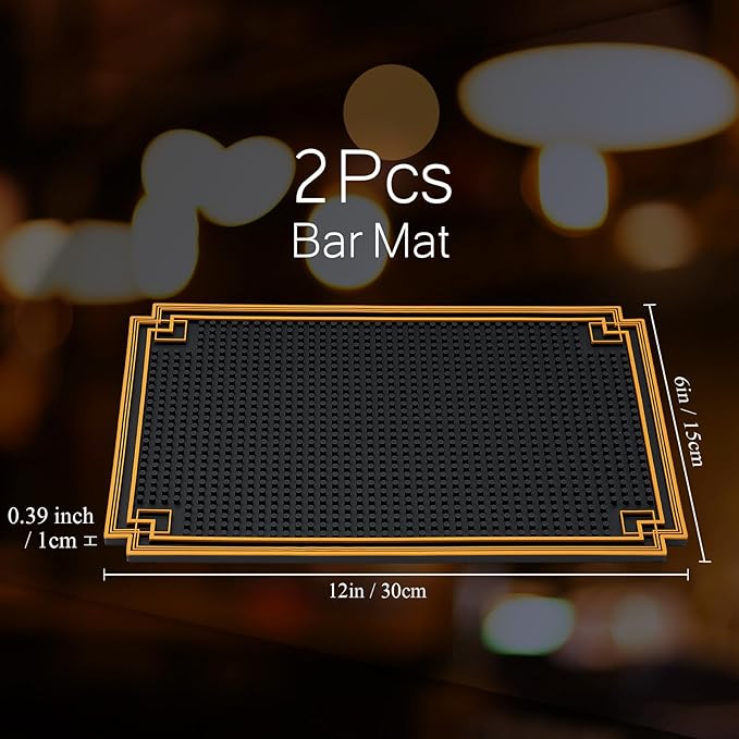 2 Pcs 12 x 6 Inch Bar Mat Non Slip Rubber Mat with Gold Border Durable Stylish Spill Cocktail Service Coffee Mats for Restaurants Barbershop Clippers Bartending, Black