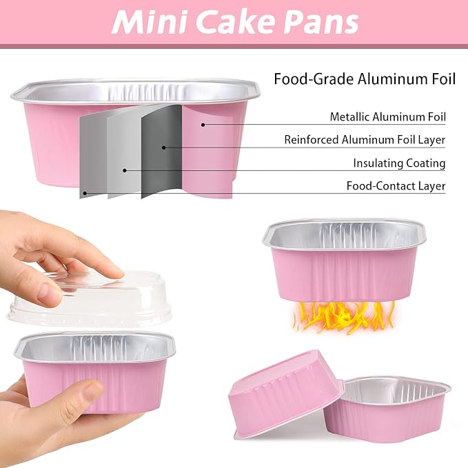 200 Pack 10 oz Pink Square Mini Cake Pans with Lids, Aluminum Foil Square Brownie Baking Cups for Ramekins Muffin Cupcake Wedding Birthday Party