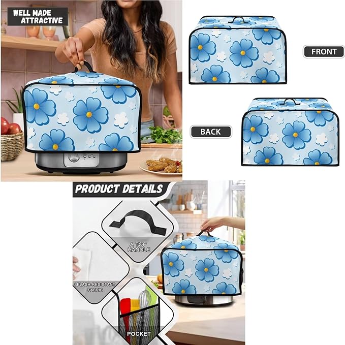 Blue Floral 2 Slice Toaster Cover Small Appliance Cover 3-Pcs Set,Bread Toaster , Blender and Slow Cooker Dust and Fingerprint Protection, Machine Washable Kitchen Decor (Blue)