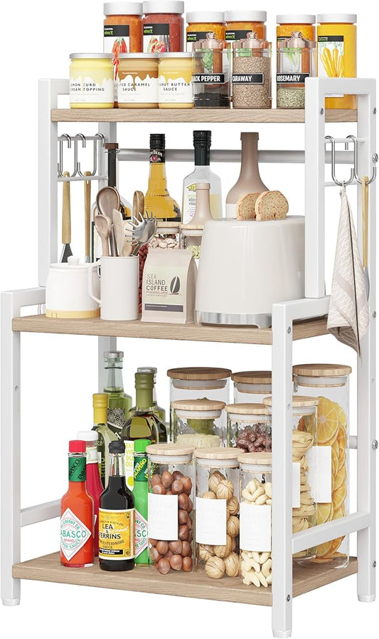 Kitchen Countertop Organizer, 3 Tier Large Spice Rack Organizer with Adjustable Shelf and 5 Hooks, Wooden Counter Organizer, Countertop Shelf Microwave Stand for Kitchen Coffee Bar, Light Coffee