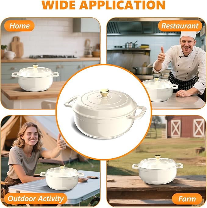 Bonnlo 6QT Round Dutch Oven, Enameled Cast Iron Dutch Oven Pot with Lid & Dual Handles, Oven Safe Up to 500° F, for Sourdough, Bread Baking, Stews and Roasting, White