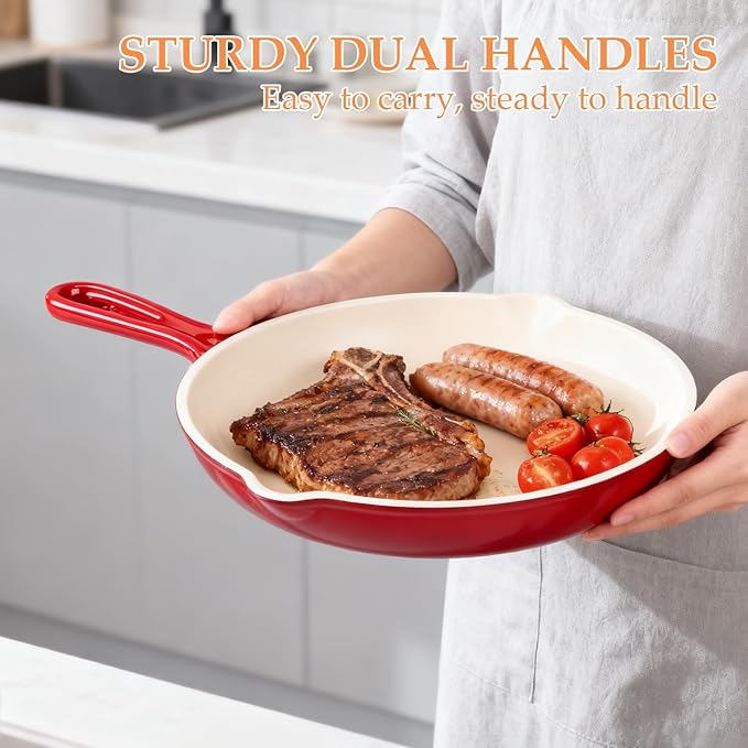 Hisencn Cast Iron Skillets,10.2 Inch Ceramic Frying Pan,Nonstick Frying Pan Without PFAS & PTFE & PFOA,Dishwasher & Oven Safe,Enameled Cast Iron Skillet For Gas/Electric Stovetop