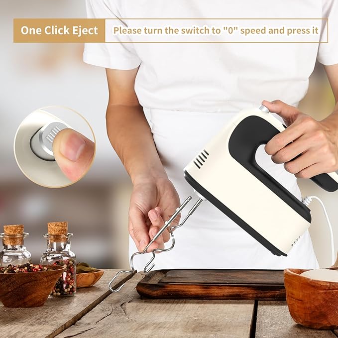 9-Speed Digital Hand Mixer Electric, 400W Powerful DC Motor, Hand Mixer Electric Handheld with Snap-On Storage Case, 5 Stainless Steel Accessories, Beaters, Dough Hooks, Whisk(Creamy/Black)