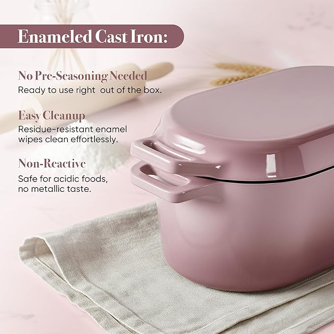 Dutch Oven for Bread Baking, 3.4 QT Bread Dutch Oven for Sourdough, Enamelled Cast Iron Bread Oven with Lids, Heavy-Duty Non Stick Sourdough Loaf Pan, Meatloaf Pan, Pink
