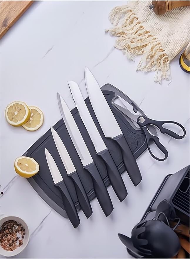 19 Pieces Kitchen Utensils and Knife Set with Block, with 9 Piece Silicone Cooking Utensils Set 5 Piece Sharp Stainless Steel Chef Knives Scissors Whisk Tongs and Cutting Board (19 in 1) (Beige)