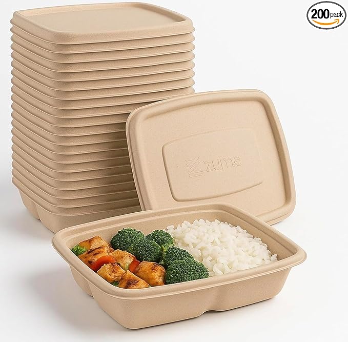 100 Pack 750ml Compostable Food Containers with Lids | Leak-Proof | Microwave & Freezer Safe | Eco-Friendly Meal Prep & Takeout Boxes (200)