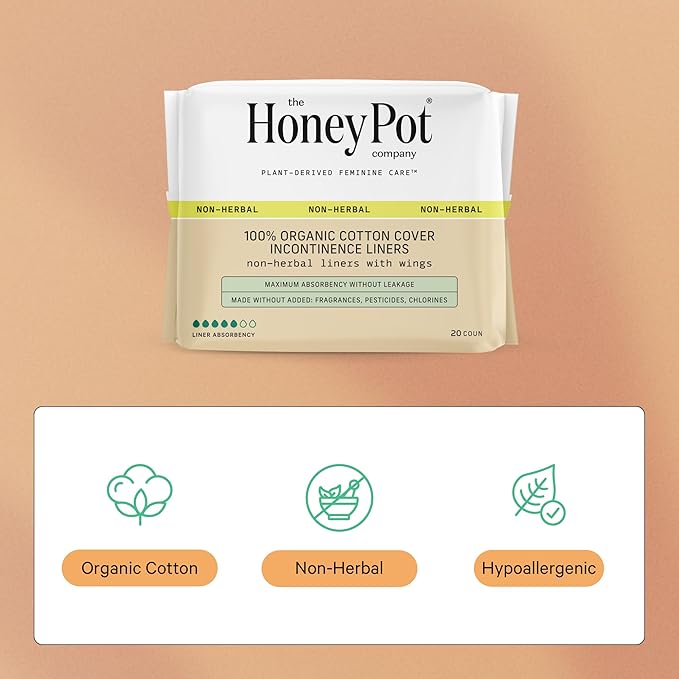 The Honey Pot Company - Incontinence Pads for Women - 80ct - Non-Herbal Panty Liners - Bladder Leak Control - Organic Cotton Cover & Ultra-Absorbent Pulp Core - Feminine Care