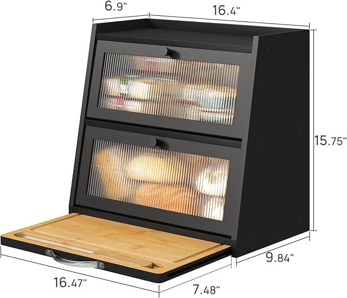 Bread Box for Kitchen Counter, Black Bread Box With Cutting Board, Bamboo Wood Large Capacity Bread Storage Bin with Acrylic Wavy Door Panel