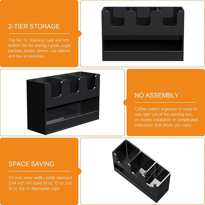Beego 4-Compartment Cup Holder for Countertop - 2-Tier Black Acrylic Cup Dispenser Coffee Station Paper Cup and Lid Organizer Condiment Storage for Restaurant Breakroom Kitchen Bar Accessories
