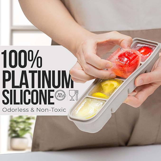 1.7 oz/4 Sections Silicone Ice Cube Freezer Tray with Lid, 100% Food-Grade Platinum Silicone,Leak Resistance & Dishwasher Safe for Baby Food Prep,Breast Milk,Purees - Korean Made, Beige