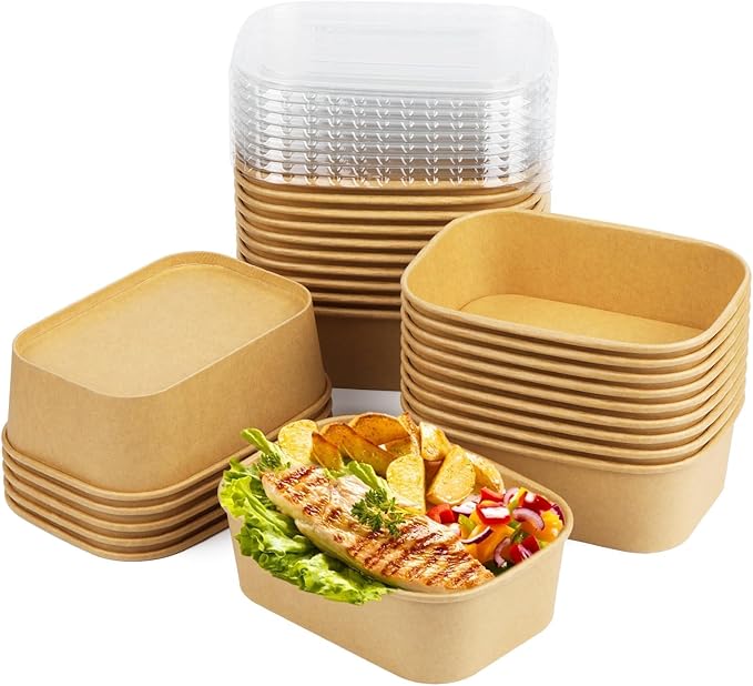 25 Pack 25 oz Paper Bowls, Disposable Food Containers with Lids, Rectangular Disposable Bowls, Disposable Salad Bowls with Lids for Diet Salad, Ice Cream, Yogurt, Party Food