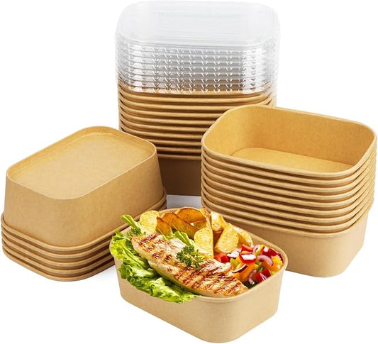 25 Pack 25 oz Paper Bowls, Disposable Food Containers with Lids, Rectangular Disposable Bowls, Disposable Salad Bowls with Lids for Diet Salad, Ice Cream, Yogurt, Party Food
