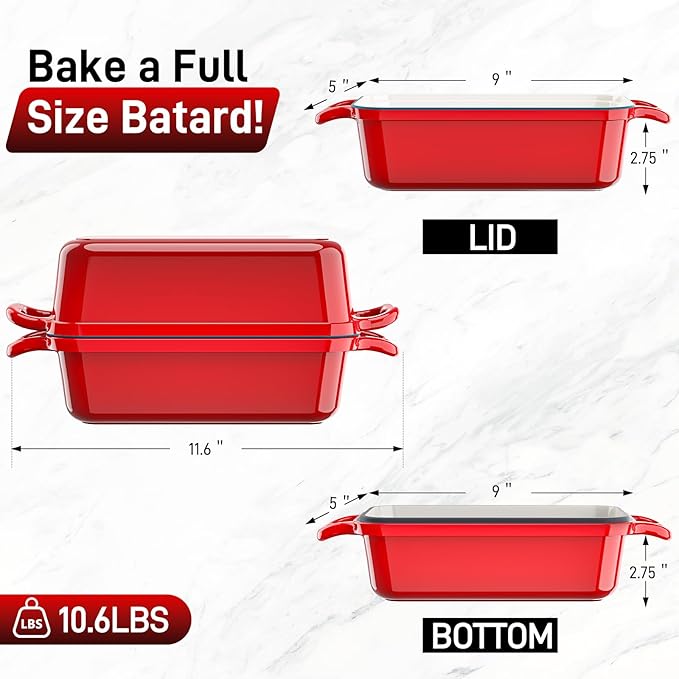 Enameled Cast Iron Dutch Oven for Sourdough Bread Baking, 9 x 5Inch Oval Cast Iron Bread Pan with Lid, 2PCS Dutch Oven for Homemade Sourdough Baking, Meatloaf Pan, Oven Safe, Red