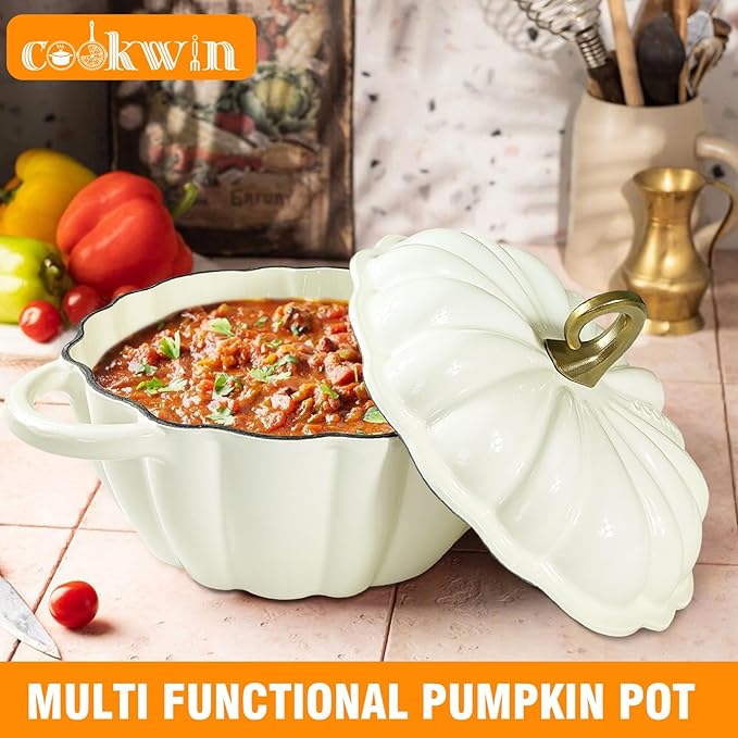 Pumpkin Cast Iron Dutch Oven with Lid, 4.5 QT Heavy-Duty Enameled Pot with Dual Handles, Serves 3-5, Oven Safe for Bread Baking, Braising, Cooking and Family Gifts, White