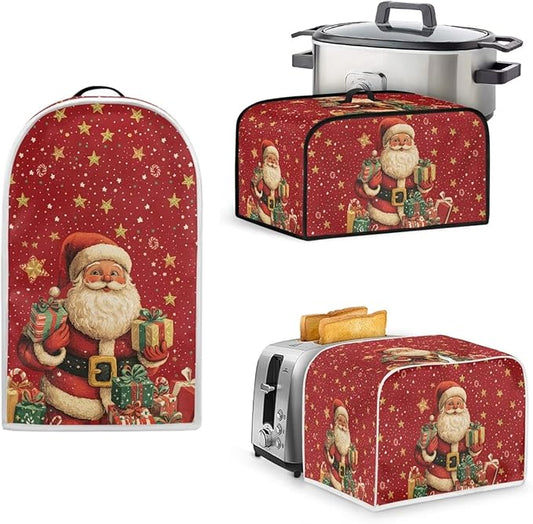 Merry Christmas Slow Cooker & Oven Covers - Santa Claus 3 Piece Set, Universal Size Crock Pot & Toaster Cover, Woman's Gift (Red)