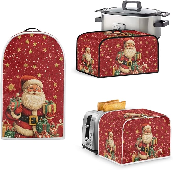 Merry Christmas 3-Piece Set: Blender, Slow Cooker & Toaster Covers, Santa Claus Universal Size Dust Covers for Small Appliances, Women's Gift (Red)