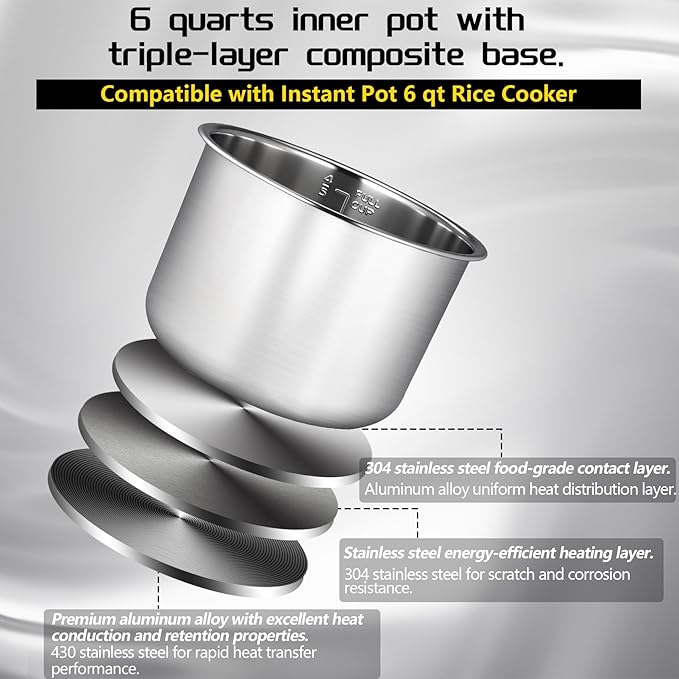 Upgraded Stainless Steel Inner Pot for Instant Pot 6 QT, Replacement Pot for Instant Pot 6 Quart, 304[18/8] stainless steel thickened design, 0 Coating, Non-Toxic (No Teflon). 3 Year Warranty.
