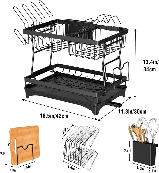 Rustproof Stainless Steel Dish Drying Rack,2 Tier Large Dish Rack for Kitchen Counter,Dish Rack with Drainboard,Dish Drainer with Utensil Holder & Cup Holder,Black