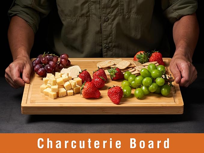 Bamboo Wood Cutting Boards for Kitchen, 1" Thick Charcuterie Boards, Butcher Block with Juice Grooves & Handles