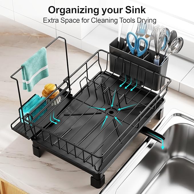 GSlife Small Dish Drying Rack for Kitchen Counter with Sponge Holder - Compact Dish Drainer for RV, Camper and Apartment, Rust-Resistant Wire Rack with Drainboard & Utensil Holder (Black)