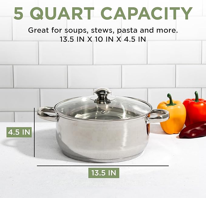 Ecolution Stainless Steel Stock Pot, Encapsulated Induction Ready Cooking Pot with Glass Lid, Oven Safe, Dishwasher Safe Soup Pot, 5-Quart