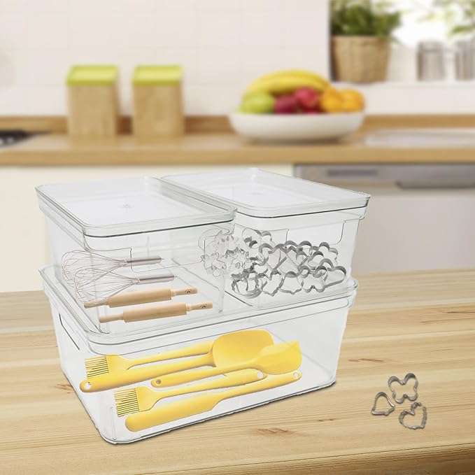 Baking Supplies Storage Containers 3Pc,Baking Kits with Handles&Lid for Adult,Stackable Bakeware Organizer Storage Bins,BPA Free Baking Accessories,Kitchen,Pantry Storage and Organization Box