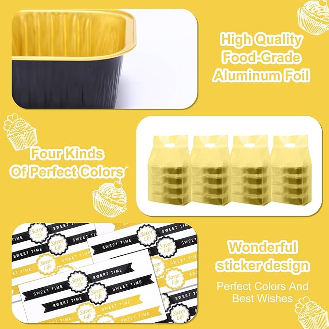 424 Pack Black Gold Mini Cake Pans Set with Lids and Spoons Include 100 Macaron 5oz Disposable Aluminum Foil Baking Pans 100 Lids 100 Spoons 100 Sealing Stickers 24 Gift Bags for Dessert