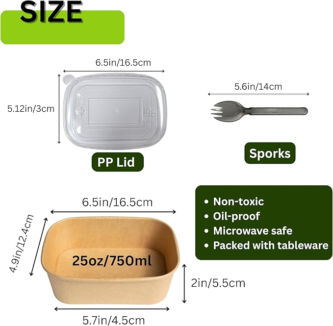 50 Pack 25 oz Disposable Kraft Paper Bowls with Lids, Paper Meal Prep Containers with Sporks, Food Containers Salad Soup Bowls for Party, Perfect for Lunch and Hot Soup