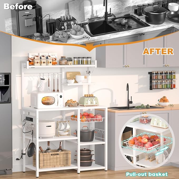 Aheaplus Bakers Rack with Power Outlet and LED light strings, Microwave Oven Stand Kitchen Storage Shelf with Wire Basket, Coffee Bar Station Island table with 10 hooks for Spices, Pots, Pans, White