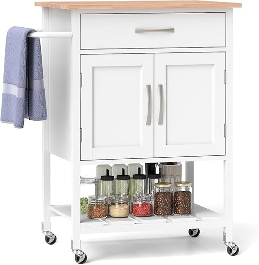 Giantex Rolling Kitchen Island Cart, Mobile Serving Cart with Drawer, 2-Door Storage Cabinet, Storage Shelf, Towel Rack, Food Prep Utility Cart on Wheels for Dining Room, Living Room (White)