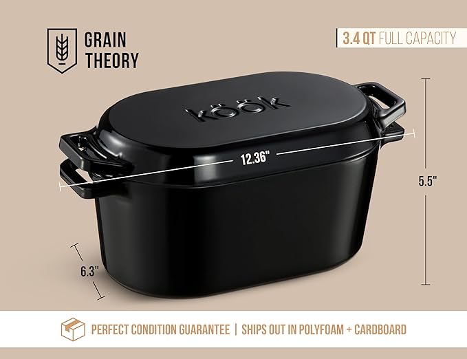 KooK Dutch Oven, for Bread Baking, Sourdough Loaf Pan, with Lid, Dual Handles, Enameled Cast Iron, includes Lid Lever, Dishwasher Safe, 3.4 Qt, Black
