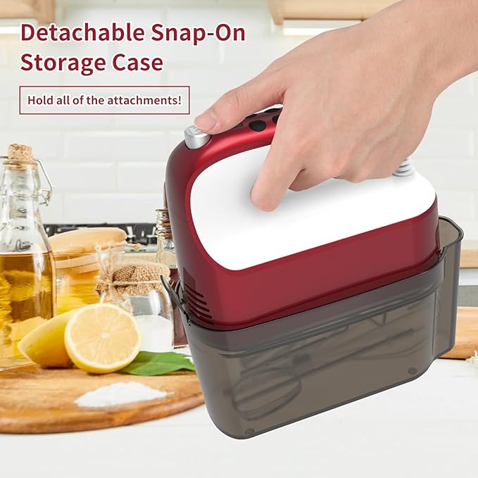9-Speed Digital Hand Mixer Electric, 400W Powerful DC Motor, Hand Mixer Electric Handheld with Snap-On Storage Case, 5 Stainless Steel Accessories, Beaters, Dough Hooks, Whisk(Red/White)