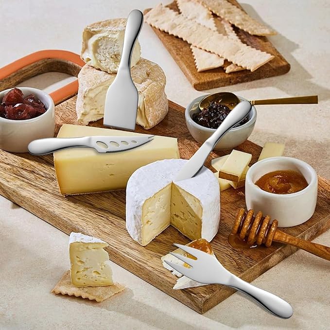Cheese Knives Set Stainless Steel Silver 7 Pieces Kitchen Utensils Include Cheese Knife, Cheese Spreader, Cheese Forks, Cheese Slicer, Cheese Cutter, Butter Knives Server