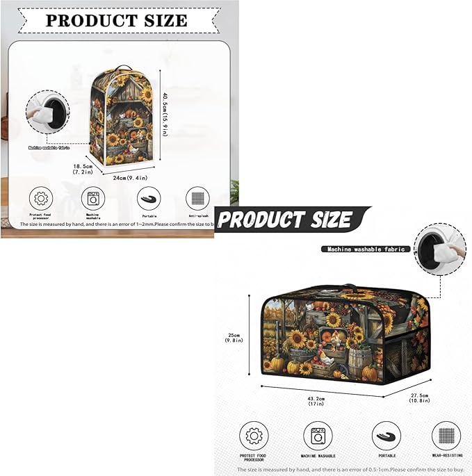 Sunflower Chicken Coop Kitchen Appliance Set,Universal Size Blender Cover, Slow Cooker Cover and Toaster Cover 2 Slice, Waffles Maker Oven Dust Cover Women Christmas Decorations