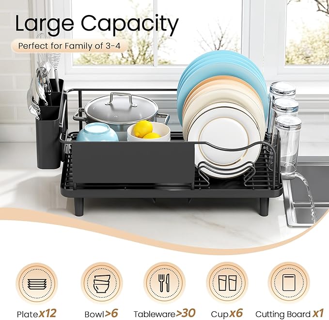 Stainless Steel Dish Drying Rack - Large Capacity Dish Rack for Kitchen Counter with Drain Board, Rustproof Dish Drainer with Drain Spout, Utensil Holder & Glass Holder, Dinnerware Organizer, Black