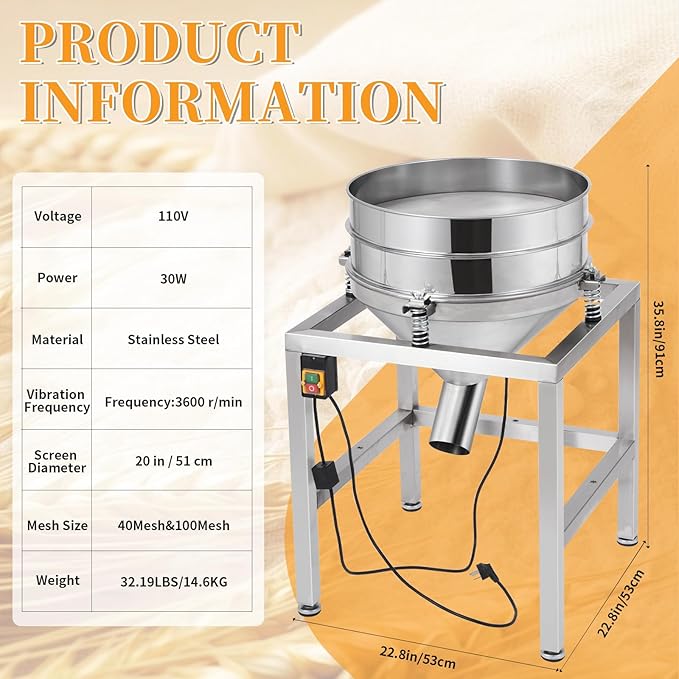Automatic Powder Sifter Machine, 110V Electric Flour Sieve Shaker with 40 Mesh & 100 Mesh Stainless Steel Screens, High-Speed Sifting Machine for Baking, Food