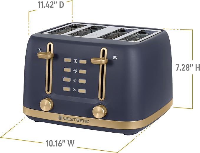 West Bend Timeless 4-Slice Toaster with 7 Browning Levels, Bagel/Waffle/Defrost Settings, High-Lift Lever, Anti-Jam, Easy-Clean Crumb Tray, 4-Slice, Blue/Gold