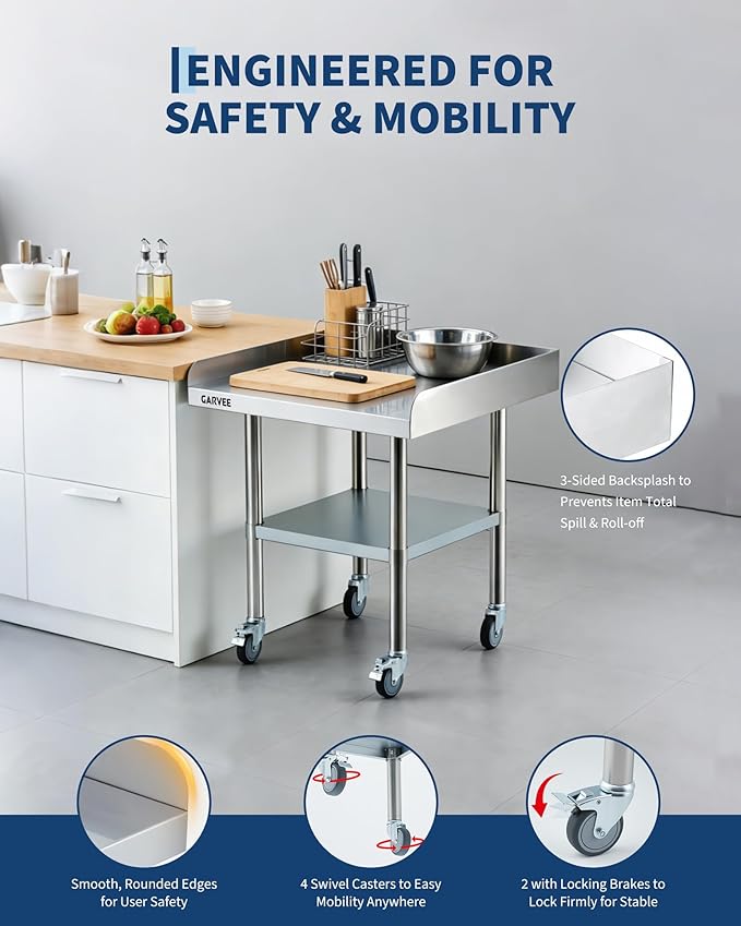 Garvee Stainless Steel Work Table, 24x24x26 Inch Commercial Food Prep Worktable with Wheels, Fixed 3-Sided Backsplash & Height-Adjustable Shelf, Heavy Duty Workbench for Kitchen Restaurant Garage